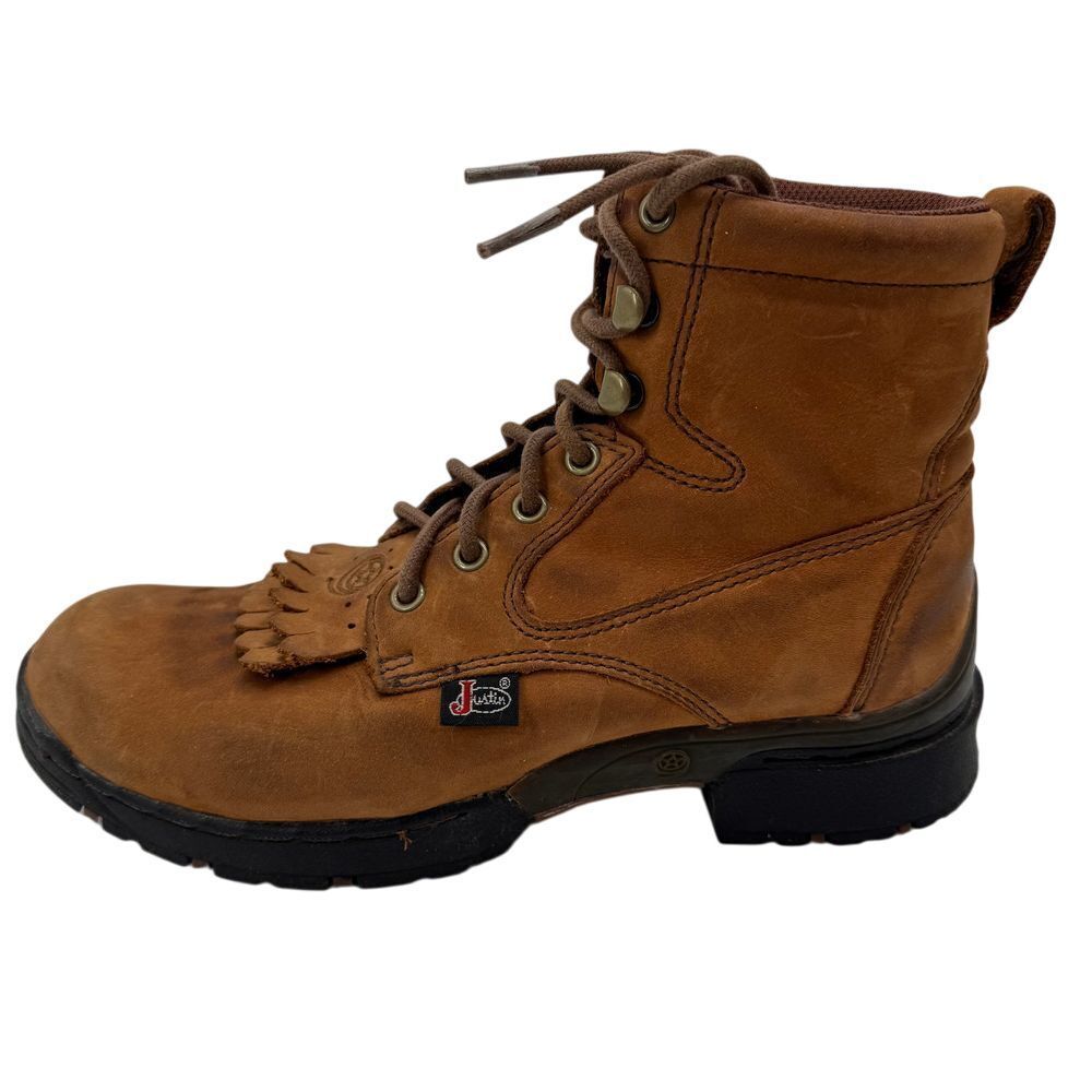 Justin Women's Brown Leather‎ Lace-up Work Boots with Kiltie Fringe Size 6.5